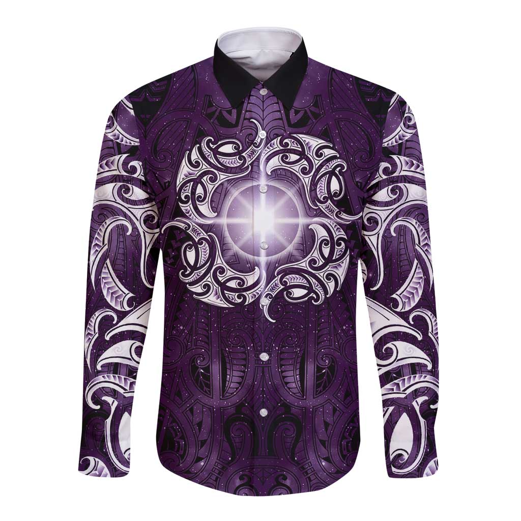 New Zealand Matariki Waipunarangi Long Sleeve Button Shirt Maori Moko Purple Galaxy