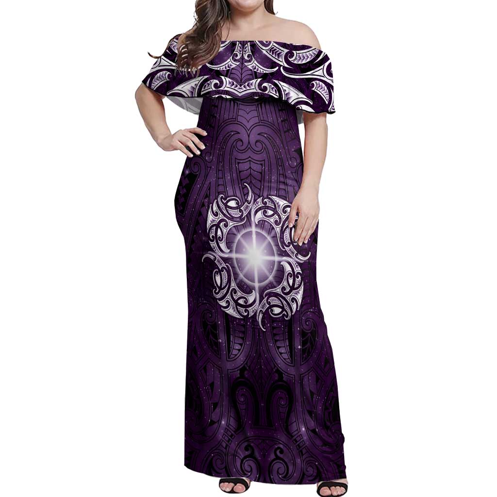 New Zealand Matariki Waipunarangi Off Shoulder Maxi Dress Maori Moko Purple Galaxy