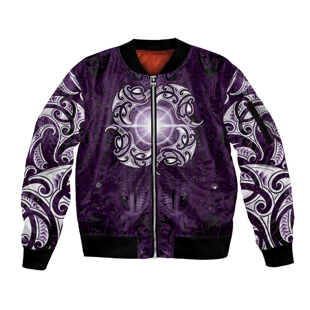 New Zealand Matariki Waipunarangi Sleeve Zip Bomber Jacket Maori Moko Purple Galaxy