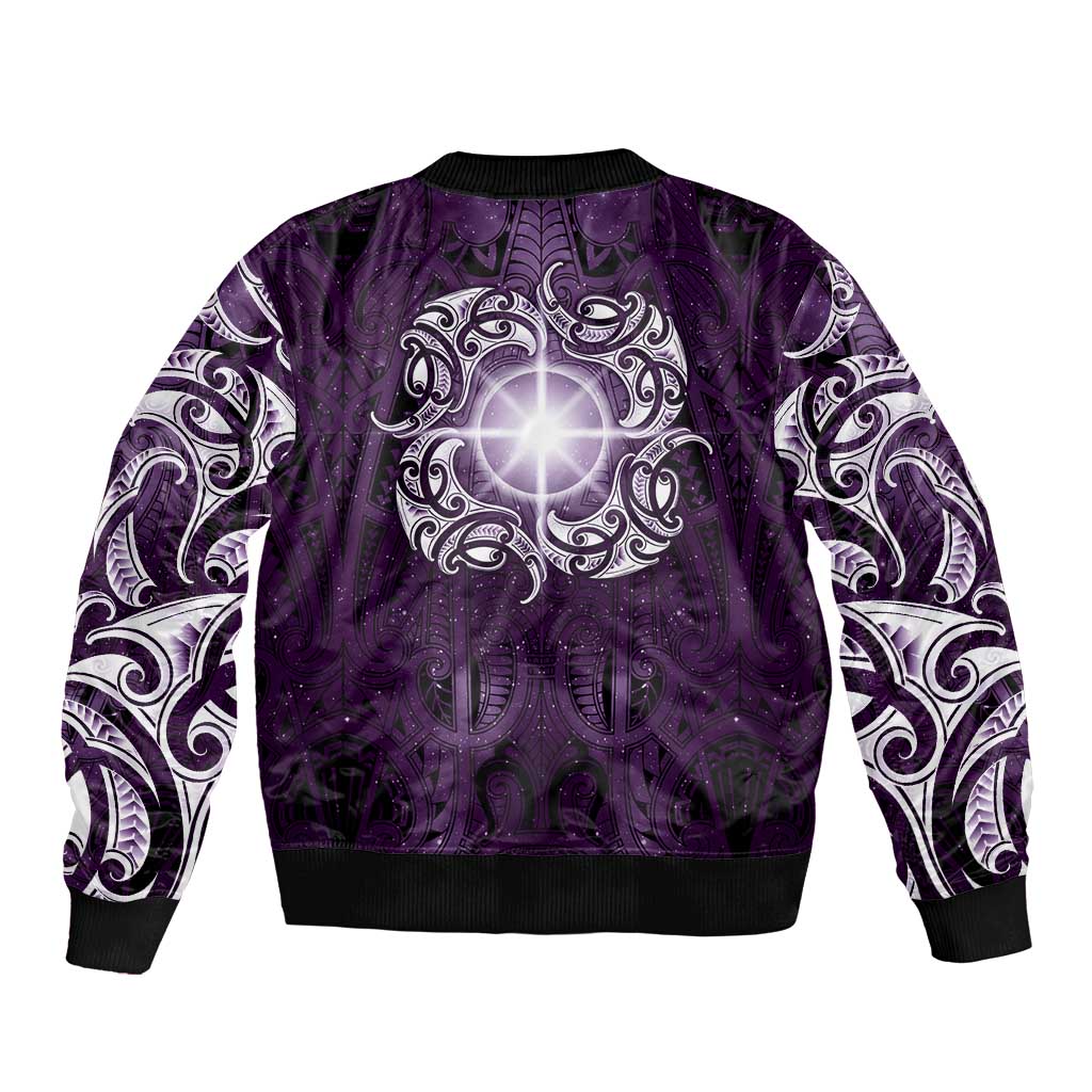 New Zealand Matariki Waipunarangi Sleeve Zip Bomber Jacket Maori Moko Purple Galaxy