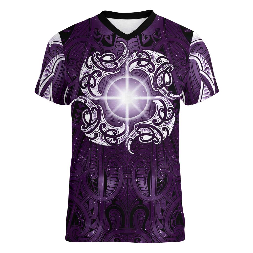 New Zealand Matariki Waipunarangi Women V-Neck T-Shirt Maori Moko Purple Galaxy