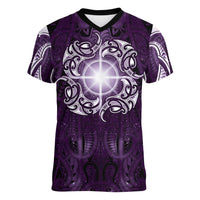New Zealand Matariki Waipunarangi Women V-Neck T-Shirt Maori Moko Purple Galaxy