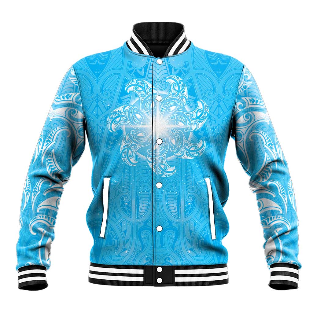 New Zealand Matariki Waiti Baseball Jacket Maori Moko Cyan Galaxy LT05 Unisex Cyan - Polynesian Pride