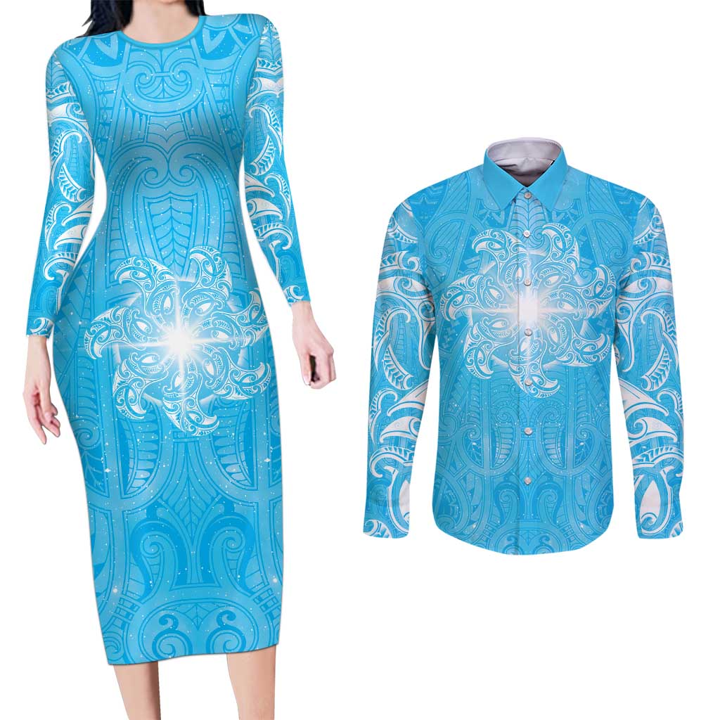 New Zealand Matariki Waiti Couples Matching Long Sleeve Bodycon Dress and Long Sleeve Button Shirt Maori Moko Cyan Galaxy