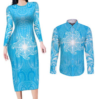 New Zealand Matariki Waiti Couples Matching Long Sleeve Bodycon Dress and Long Sleeve Button Shirt Maori Moko Cyan Galaxy