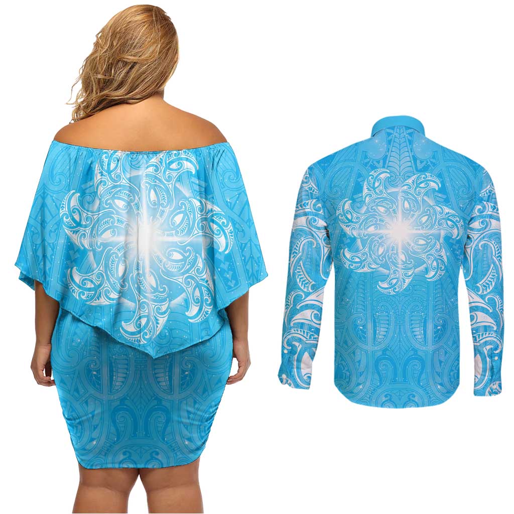 New Zealand Matariki Waiti Couples Matching Off Shoulder Short Dress and Long Sleeve Button Shirt Maori Moko Cyan Galaxy