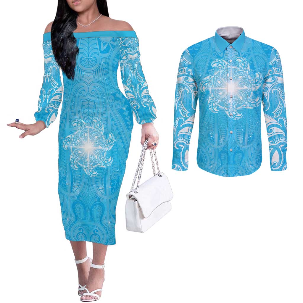 New Zealand Matariki Waiti Couples Matching Off The Shoulder Long Sleeve Dress and Long Sleeve Button Shirt Maori Moko Cyan Galaxy