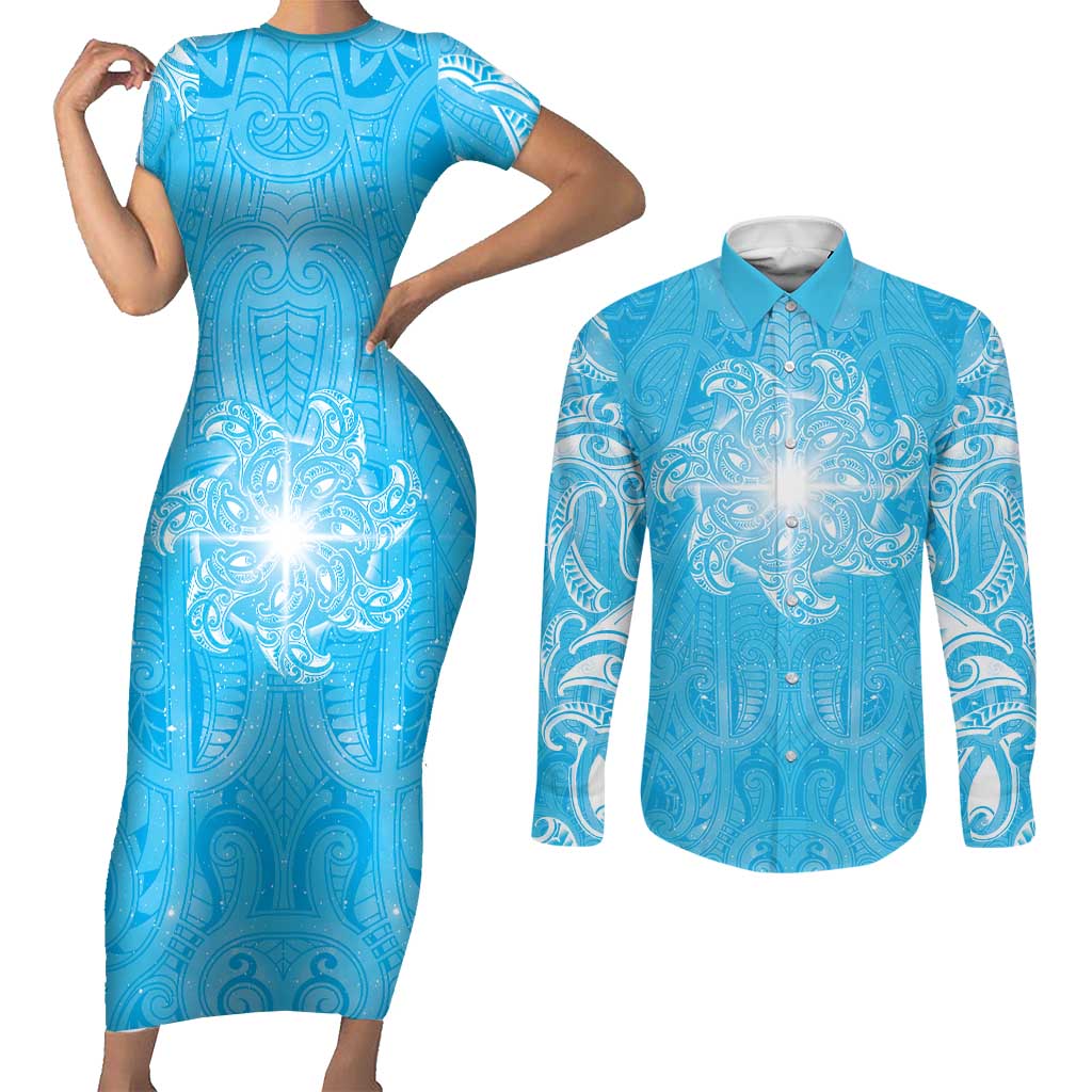 New Zealand Matariki Waiti Couples Matching Short Sleeve Bodycon Dress and Long Sleeve Button Shirt Maori Moko Cyan Galaxy LT05 Cyan - Polynesian Pride