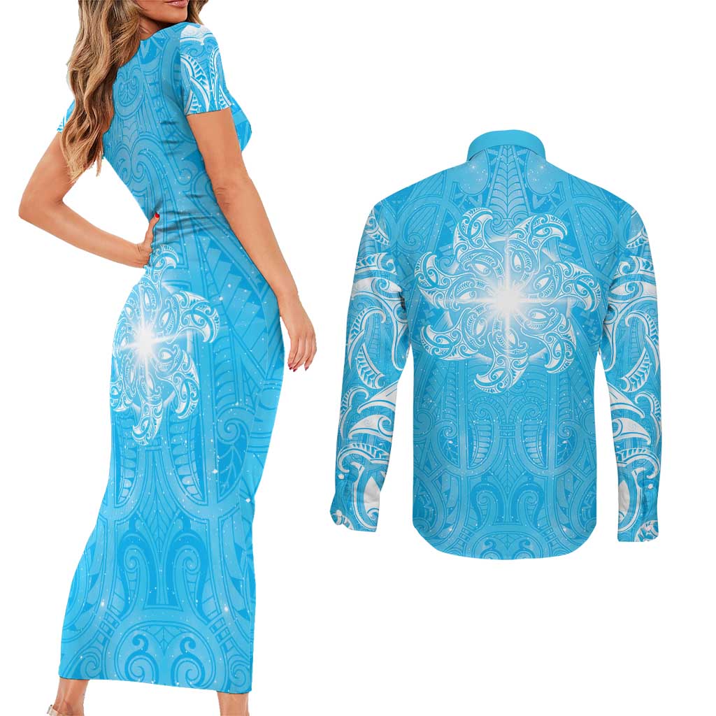 New Zealand Matariki Waiti Couples Matching Short Sleeve Bodycon Dress and Long Sleeve Button Shirt Maori Moko Cyan Galaxy LT05 - Polynesian Pride