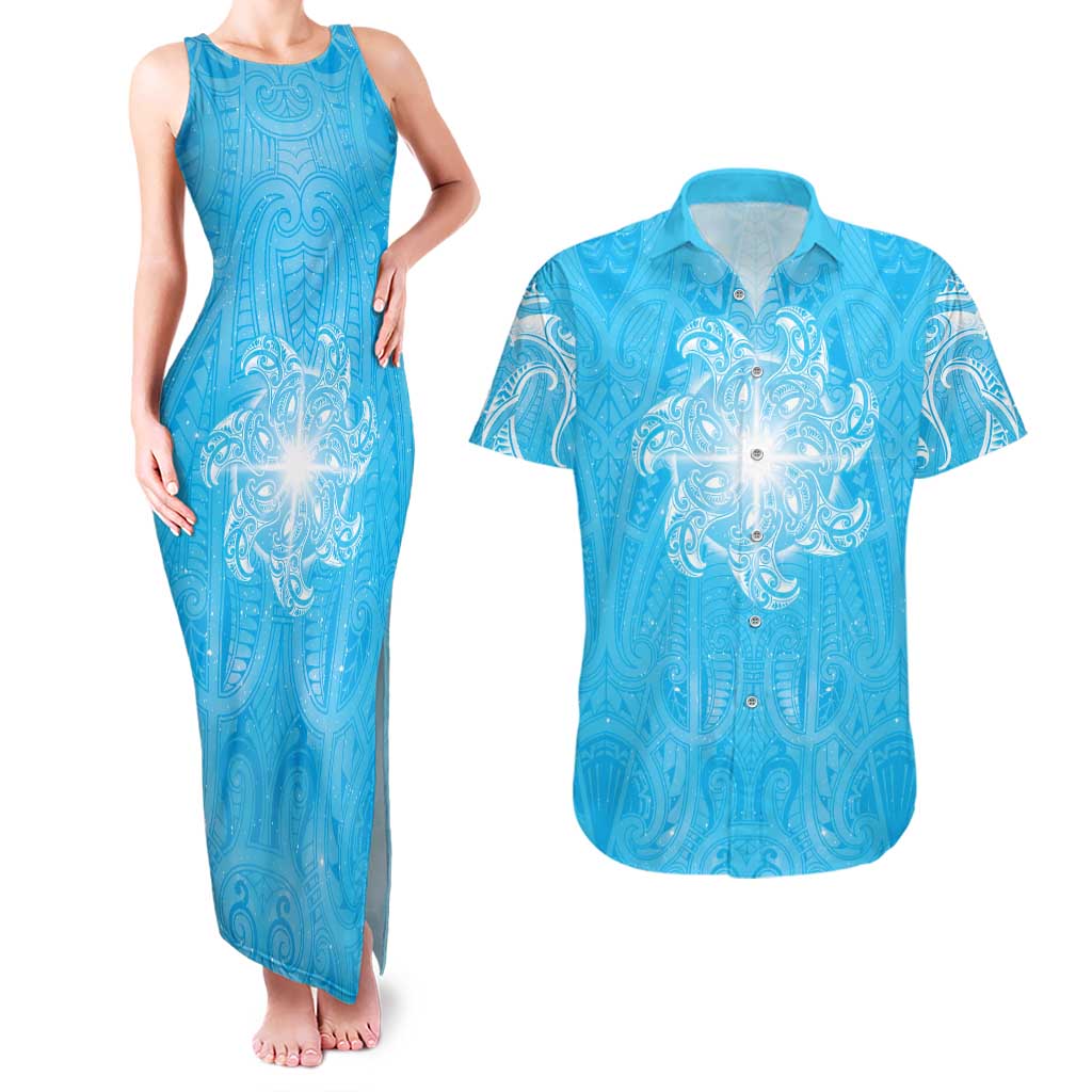 New Zealand Matariki Waiti Couples Matching Tank Maxi Dress and Hawaiian Shirt Maori Moko Cyan Galaxy