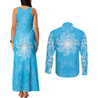 New Zealand Matariki Waiti Couples Matching Tank Maxi Dress and Long Sleeve Button Shirt Maori Moko Cyan Galaxy