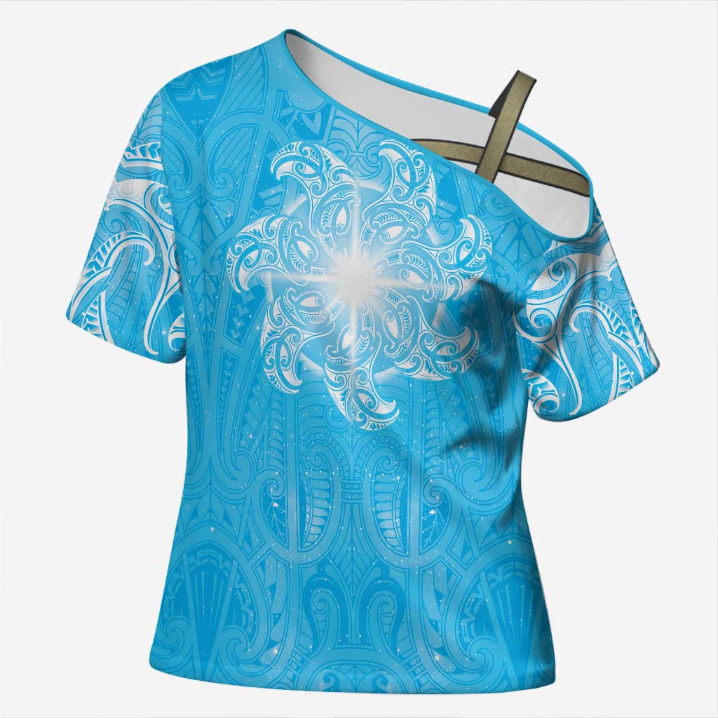 New Zealand Matariki Waiti Cross Shoulder Shirt Maori Moko Cyan Galaxy LT05 Female Cyan - Polynesian Pride