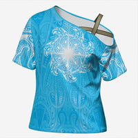 New Zealand Matariki Waiti Cross Shoulder Shirt Maori Moko Cyan Galaxy LT05 Female Cyan - Polynesian Pride