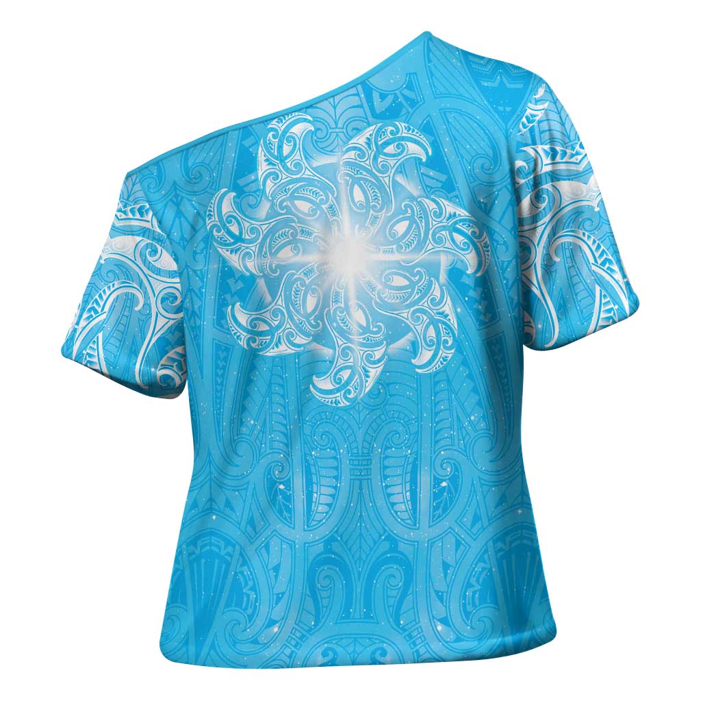 New Zealand Matariki Waiti Cross Shoulder Shirt Maori Moko Cyan Galaxy LT05 - Polynesian Pride
