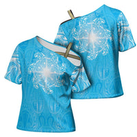 New Zealand Matariki Waiti Cross Shoulder Shirt Maori Moko Cyan Galaxy LT05 - Polynesian Pride