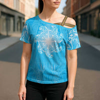 New Zealand Matariki Waiti Cross Shoulder Shirt Maori Moko Cyan Galaxy LT05 - Polynesian Pride