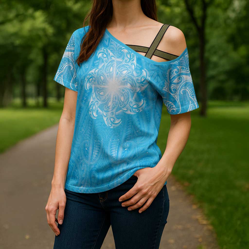 New Zealand Matariki Waiti Cross Shoulder Shirt Maori Moko Cyan Galaxy LT05 - Polynesian Pride