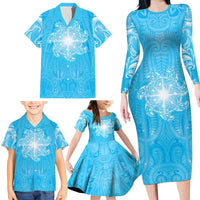 New Zealand Matariki Waiti Family Matching Long Sleeve Bodycon Dress and Hawaiian Shirt Maori Moko Cyan Galaxy