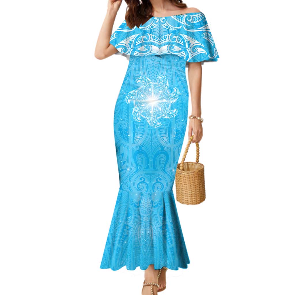 New Zealand Matariki Waiti Family Matching Mermaid Dress and Hawaiian Shirt Maori Moko Cyan Galaxy
