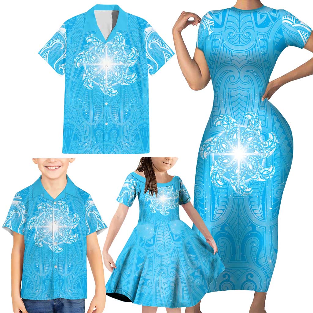 New Zealand Matariki Waiti Family Matching Short Sleeve Bodycon Dress and Hawaiian Shirt Maori Moko Cyan Galaxy