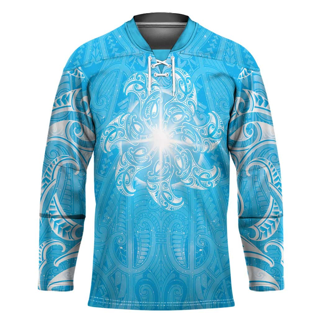 New Zealand Matariki Waiti Hockey Jersey Maori Moko Cyan Galaxy LT05 Unisex Cyan - Polynesian Pride