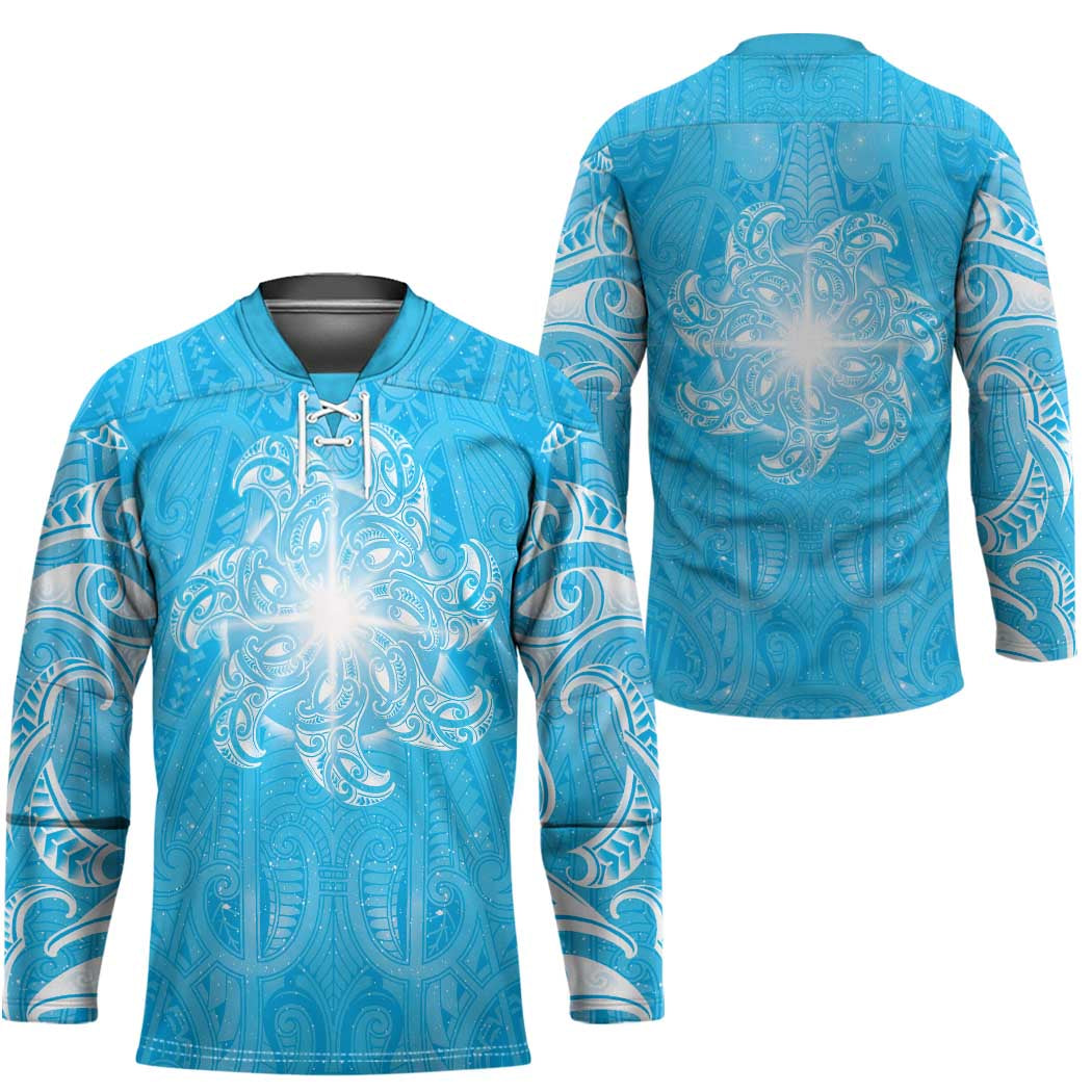 New Zealand Matariki Waiti Hockey Jersey Maori Moko Cyan Galaxy LT05 - Polynesian Pride