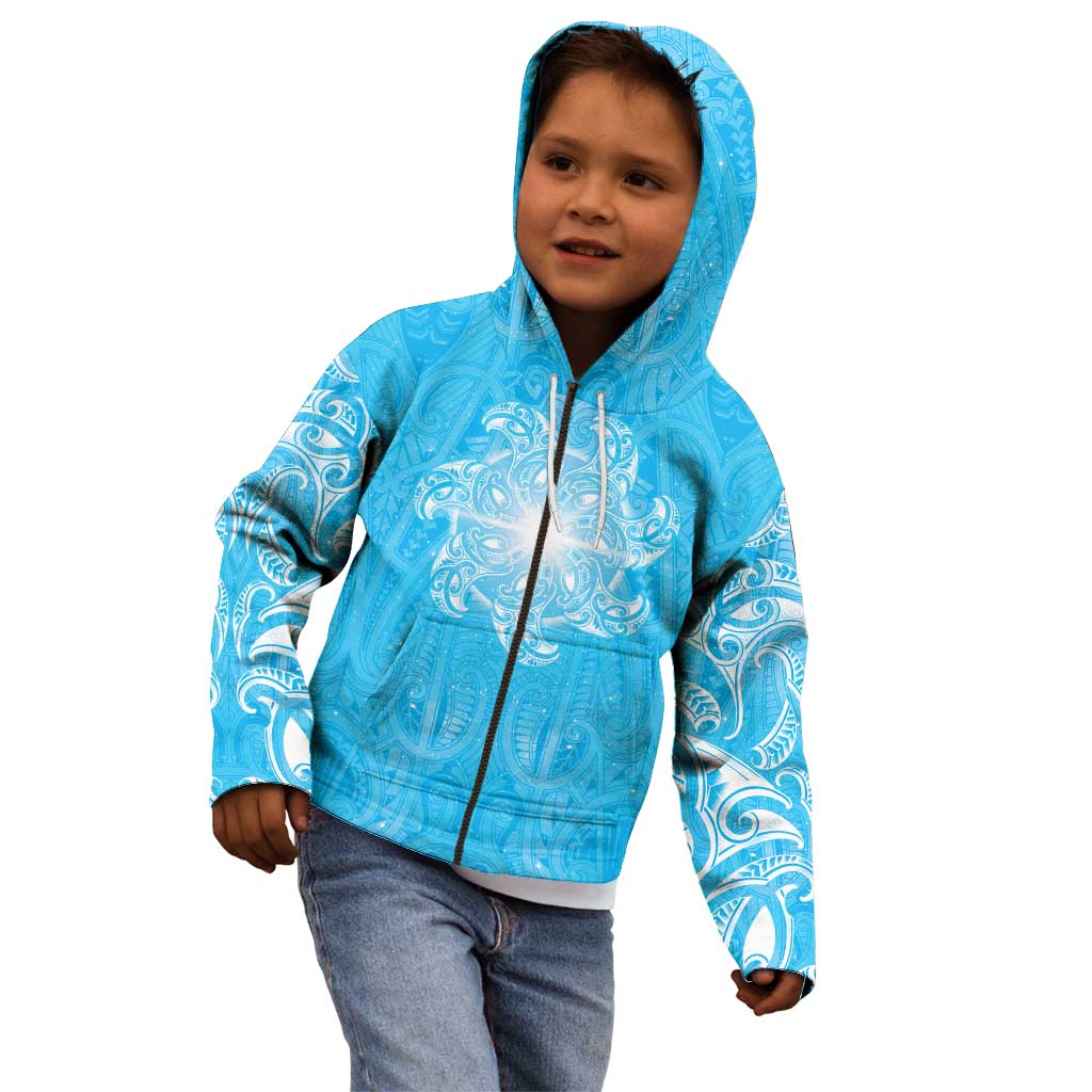New Zealand Matariki Waiti Kid Hoodie Maori Moko Cyan Galaxy LT05 - Polynesian Pride