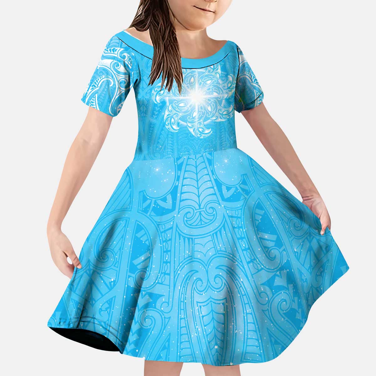 New Zealand Matariki Waiti Kid Short Sleeve Dress Maori Moko Cyan Galaxy