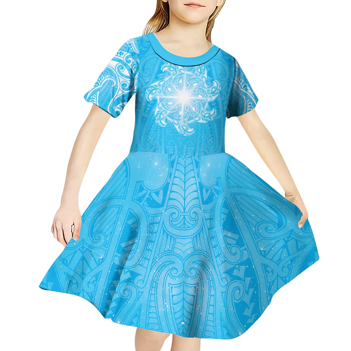 New Zealand Matariki Waiti Kid Short Sleeve Dress Maori Moko Cyan Galaxy