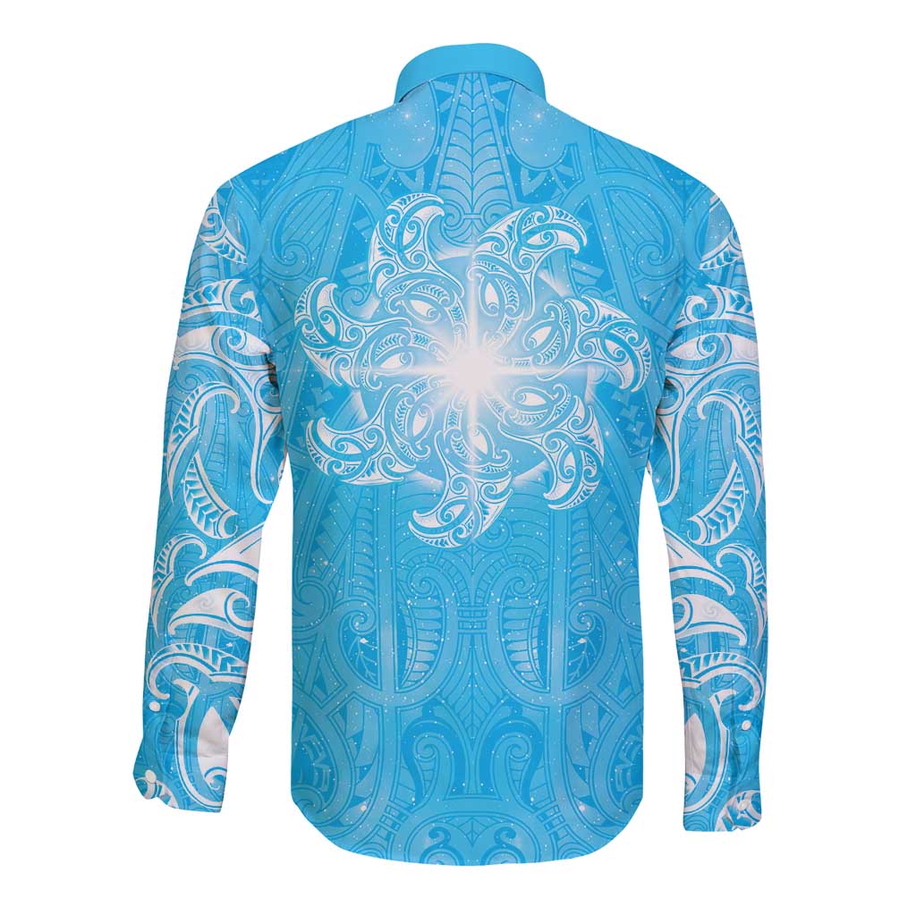 New Zealand Matariki Waiti Long Sleeve Button Shirt Maori Moko Cyan Galaxy