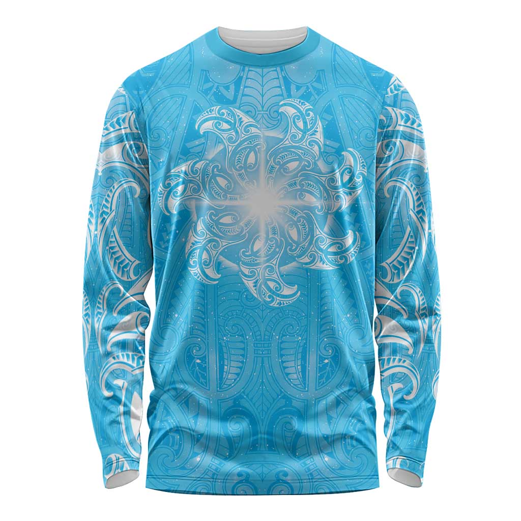 New Zealand Matariki Waiti Long Sleeve Shirt Maori Moko Cyan Galaxy