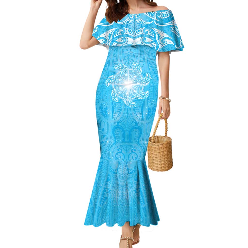 New Zealand Matariki Waiti Mermaid Dress Maori Moko Cyan Galaxy