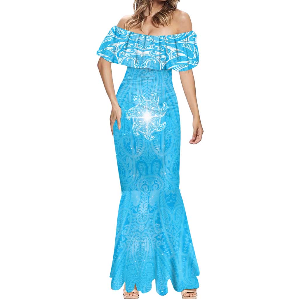 New Zealand Matariki Waiti Mermaid Dress Maori Moko Cyan Galaxy