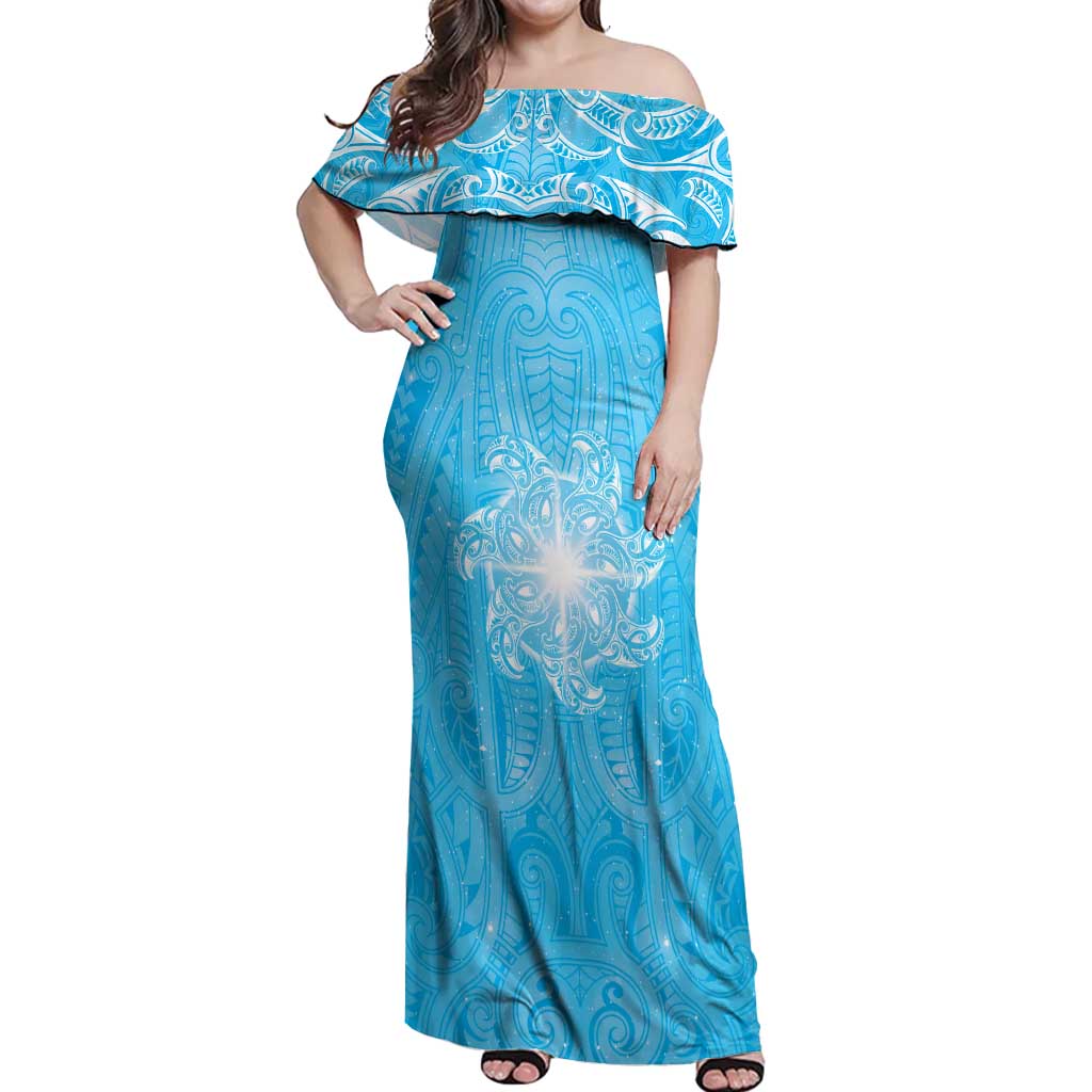 New Zealand Matariki Waiti Off Shoulder Maxi Dress Maori Moko Cyan Galaxy LT05 Women Cyan - Polynesian Pride
