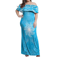 New Zealand Matariki Waiti Off Shoulder Maxi Dress Maori Moko Cyan Galaxy LT05 Women Cyan - Polynesian Pride