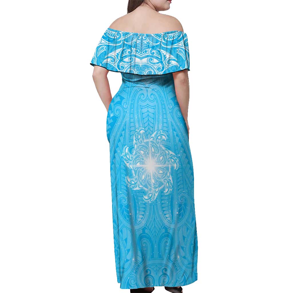 New Zealand Matariki Waiti Off Shoulder Maxi Dress Maori Moko Cyan Galaxy LT05 - Polynesian Pride