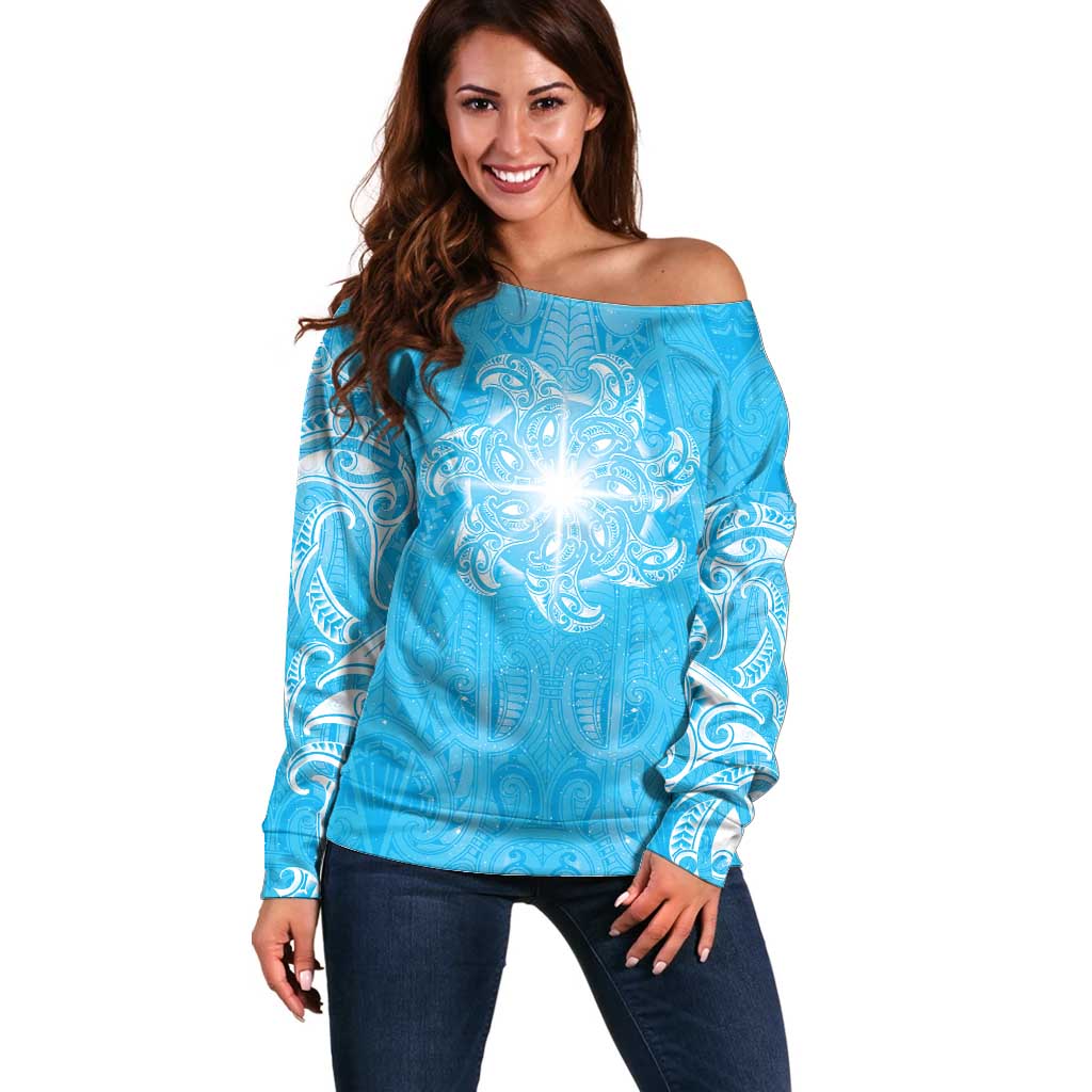 New Zealand Matariki Waiti Off Shoulder Sweater Maori Moko Cyan Galaxy