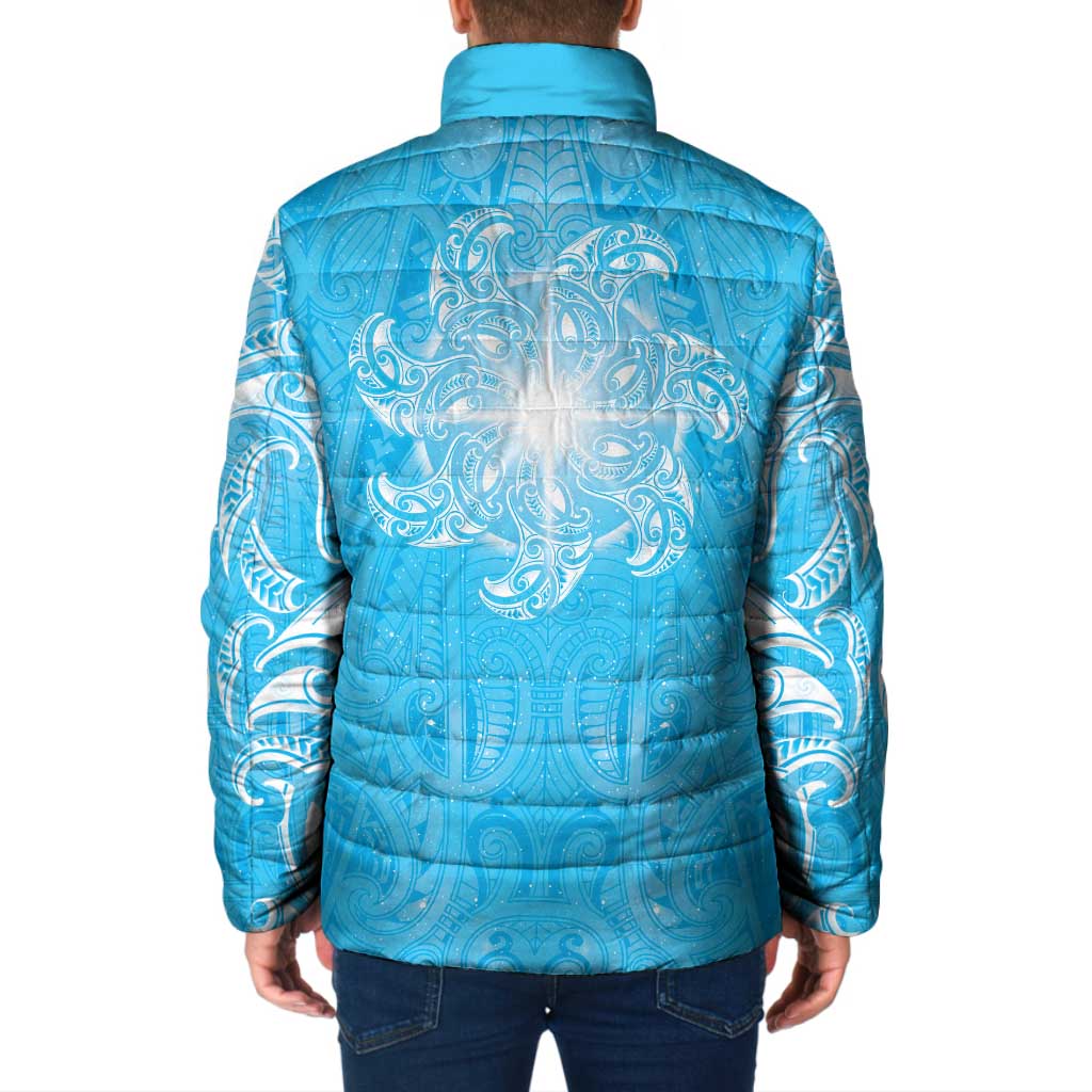 New Zealand Matariki Waiti Padded Jacket Maori Moko Cyan Galaxy