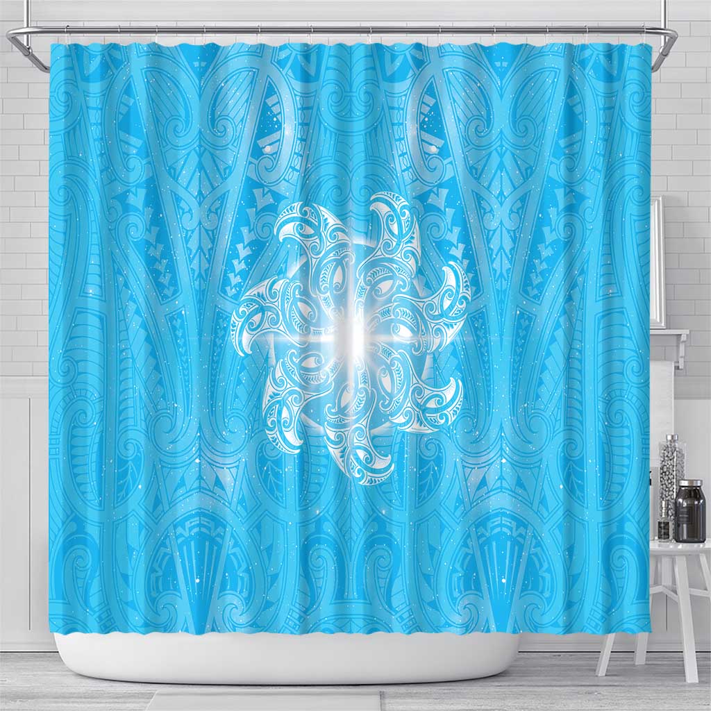 New Zealand Matariki Waiti Shower Curtain Maori Moko Cyan Galaxy