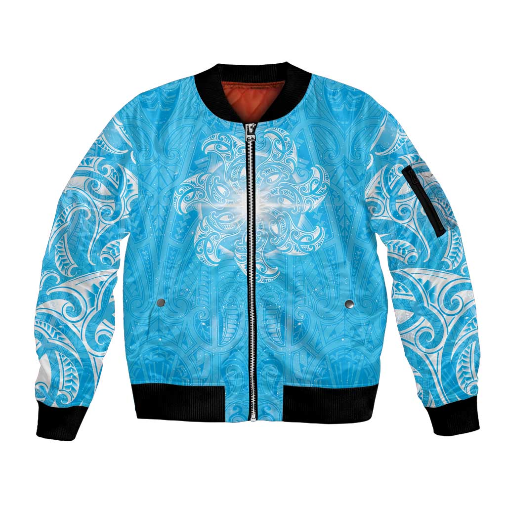 New Zealand Matariki Waiti Sleeve Zip Bomber Jacket Maori Moko Cyan Galaxy