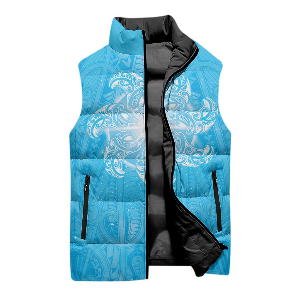 New Zealand Matariki Waiti Sleeveless Puffer Jacket Maori Moko Cyan Galaxy
