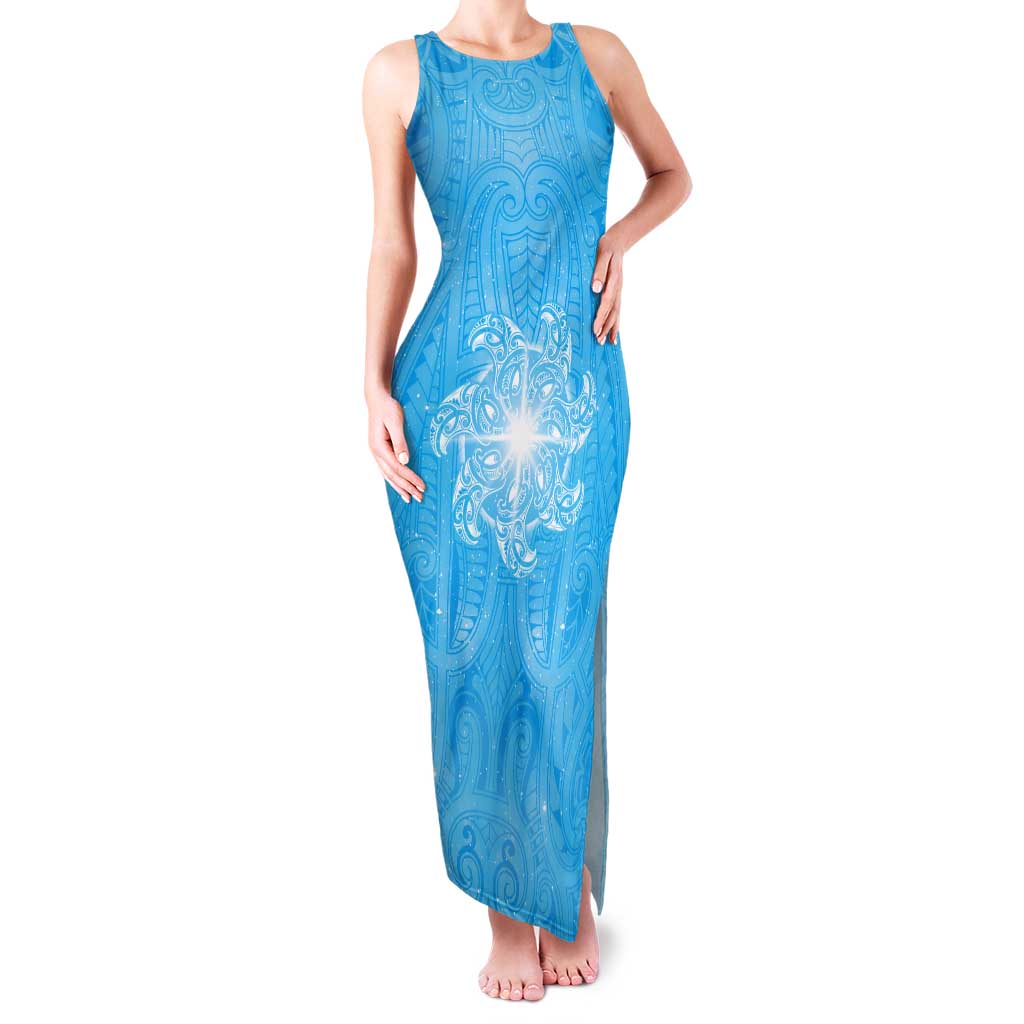 New Zealand Matariki Waiti Tank Maxi Dress Maori Moko Cyan Galaxy
