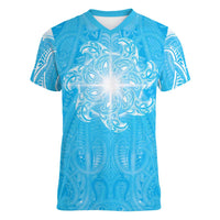 New Zealand Matariki Waiti Women V-Neck T-Shirt Maori Moko Cyan Galaxy
