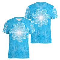 New Zealand Matariki Waiti Women V-Neck T-Shirt Maori Moko Cyan Galaxy