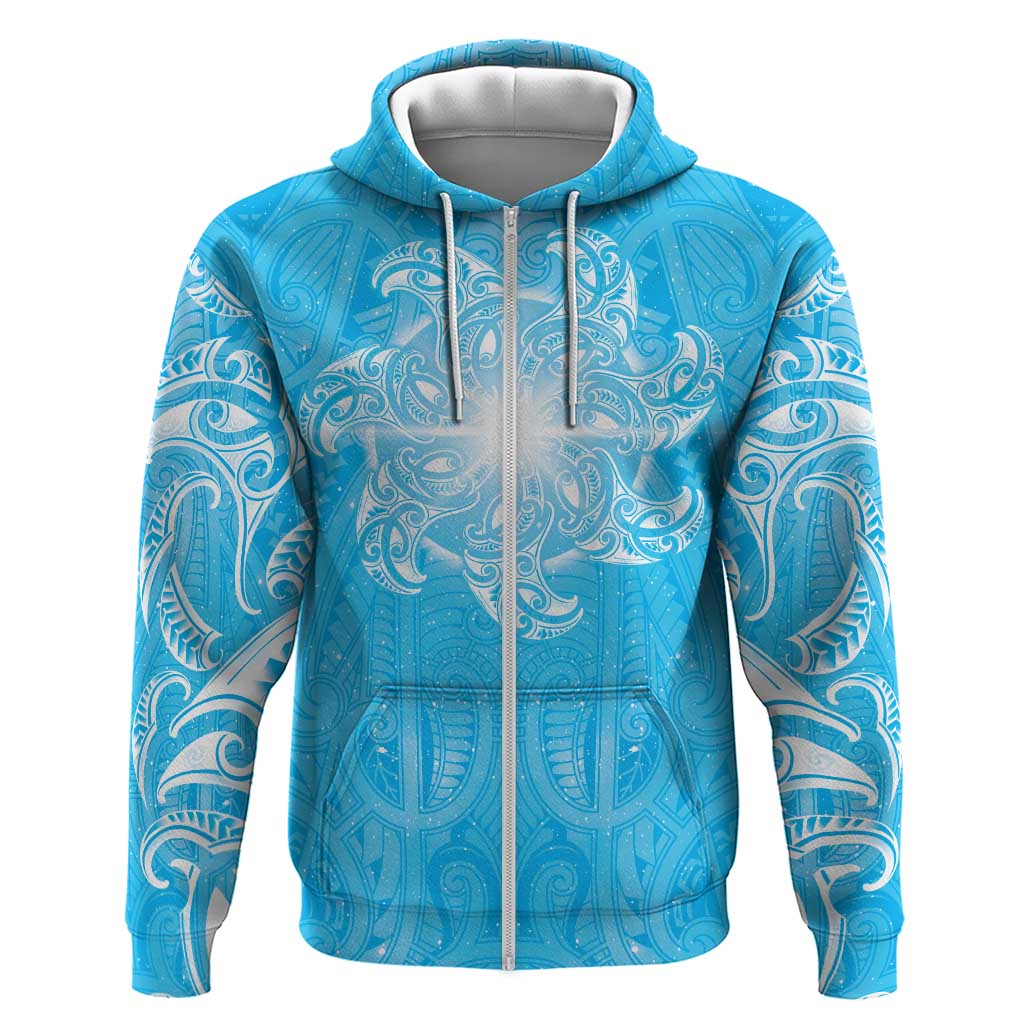 New Zealand Matariki Waiti Zip Hoodie Maori Moko Cyan Galaxy