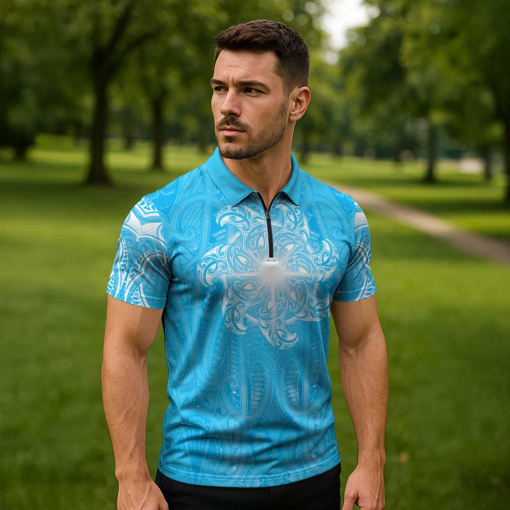 New Zealand Matariki Waiti Zipper Polo Shirt Maori Moko Cyan Galaxy