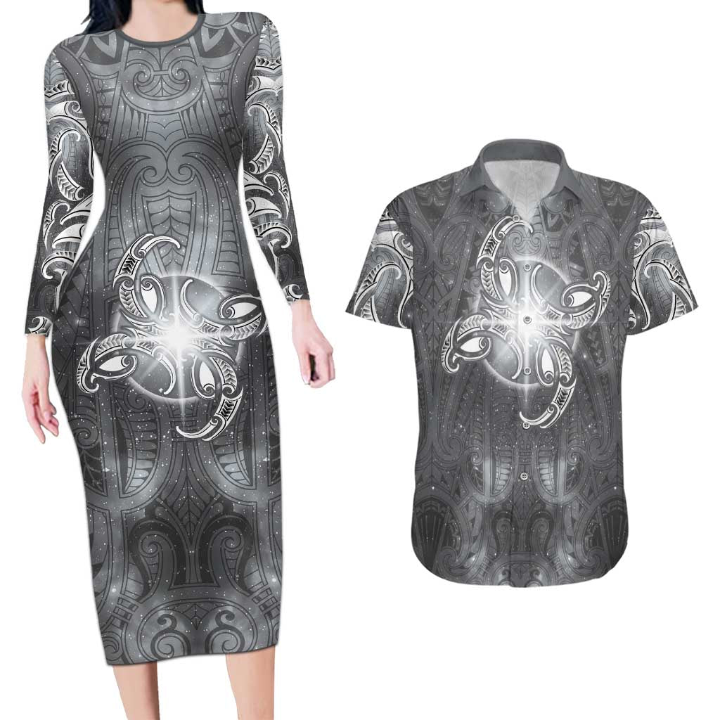 New Zealand Matariki Ururangi Couples Matching Long Sleeve Bodycon Dress and Hawaiian Shirt Maori Moko Grey Galaxy