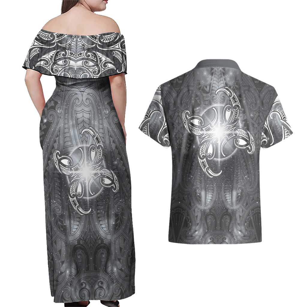 New Zealand Matariki Ururangi Couples Matching Off Shoulder Maxi Dress and Hawaiian Shirt Maori Moko Grey Galaxy