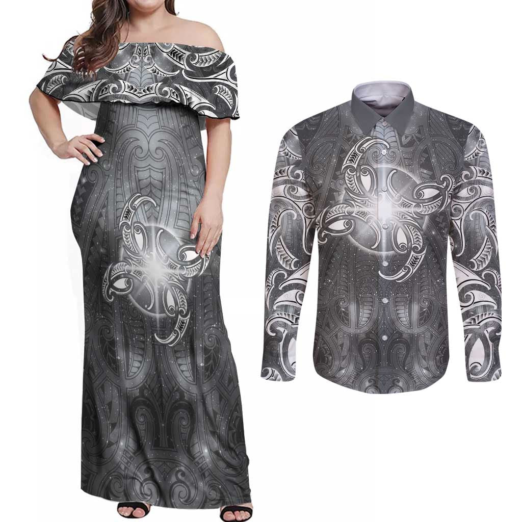 New Zealand Matariki Ururangi Couples Matching Off Shoulder Maxi Dress and Long Sleeve Button Shirt Maori Moko Grey Galaxy