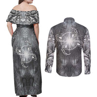 New Zealand Matariki Ururangi Couples Matching Off Shoulder Maxi Dress and Long Sleeve Button Shirt Maori Moko Grey Galaxy
